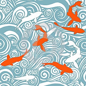 Sea waves sketch pattern and fish.. Ocean surf wave hand drawn seamless pattern vector illustration