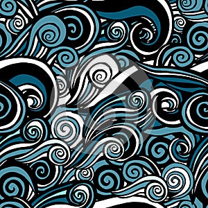 Sea waves sketch pattern. Ocean surf wave hand drawn seamless pattern  illustration