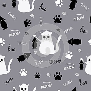 Seamless pattern on gray background Happy Halloween, cat with Halloween lantern. Design elements for Halloween