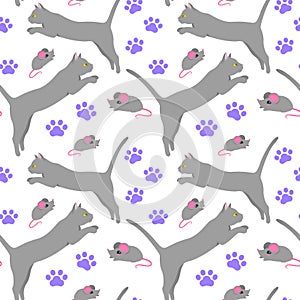 Seamless pattern with gray cats on a