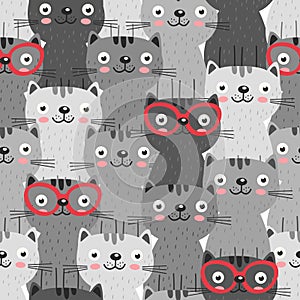 Seamless pattern with gray cats in red glasses