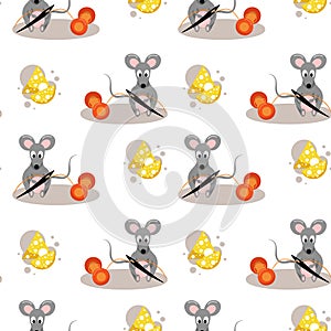 seamless pattern of mice with a needle and a spool of thread