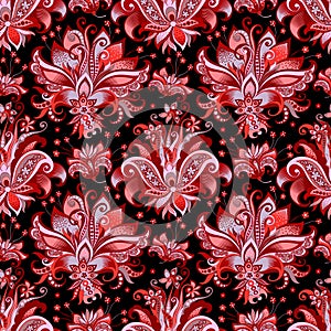 Seamless pattern with gray and red flowers