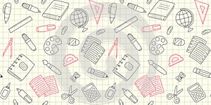 Seamless pattern with gray and red outline school supplies and office stationary on a yellow notebook sheet in a cell