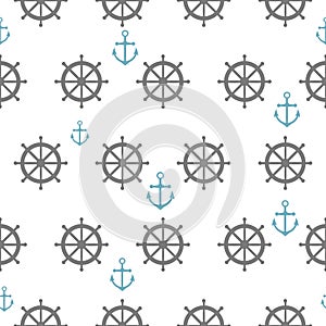 Seamless pattern with gray rudders and blue anchors. Nautical th