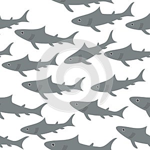 Seamless pattern with gray sharks Isolated on white background. Vector