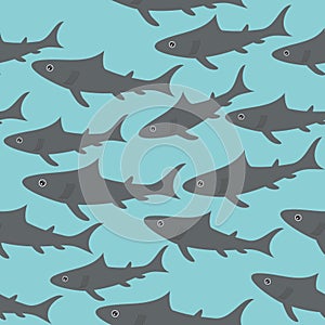 Seamless pattern with gray sharks on light blue background. Vector
