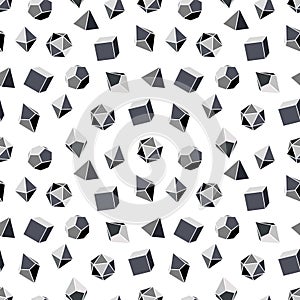 Seamless pattern of grayscale dice for DND role playing games with four, six, eight, twelve and twenty sides. Dice for