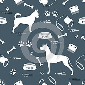 Seamless pattern with great dane and chihuahua, silhouette, comb