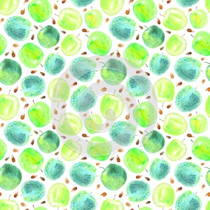 Seamless pattern of a green apple fruit and ossicle. photo