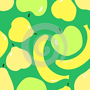 Seamless pattern with green apples. yellow bananas, yellow pears. Minimalism flat design