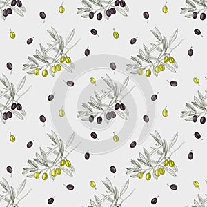 Seamless pattern with green and black olives and olive branches