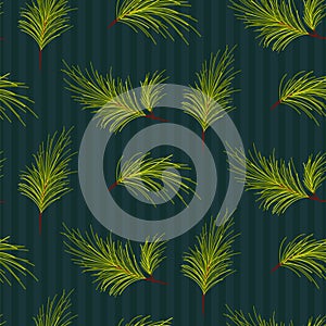 Seamless pattern green and blue with pine tree branches. Christmas theme wrap paper design.