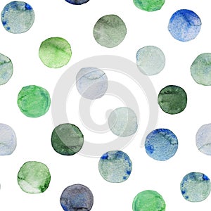 Seamless pattern of green and blue watercolor circles. Hand painted Spots on a white background. Round. Isolated. Blobs