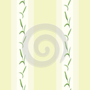Seamless pattern of green buds flowers on a light yellow background with yellow vertical stripes. Watercolor