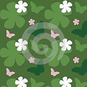 Seamless pattern of a green butterfly with a white and pink flower on green grass background, graphic design print