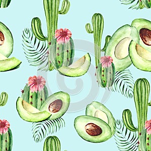 Seamless pattern with green cacti, tropical leaves, juicy avocado slices and pink flowers. Delicious watercolor background for tex