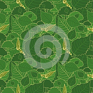 Seamless pattern, green camouflage of poplar leaves and buds for fabrics, Wallpapers, tablecloths, prints and designs.