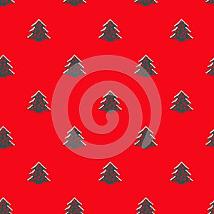 Seamless pattern with green christmas trees on a red background. Isometric concept. New Year and Christmas background