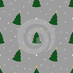 Seamless pattern with green christmas trees and stars on gray background. Abstract ,wrapping decoration. Merry Christmas holiday,