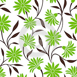 Seamless pattern with green flowers and brown leaves. Vector illustration.