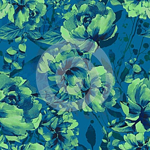 Seamless Pattern of Green Flowers with Leaves Ready for Textile Prints.