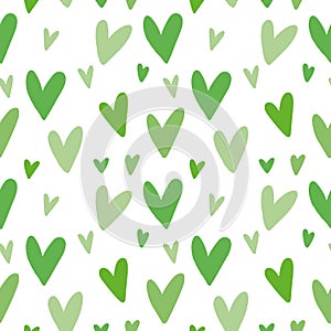 Seamless pattern with green hearts on white background. Simple doodle cartoon flat love concept for texture, wrapping paper,