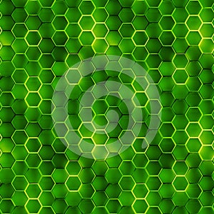 Seamless pattern of green illuminating hexagons 3D render