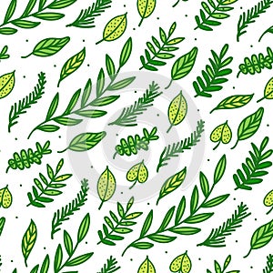 Seamless pattern Green leaf hand drawn texture isolated on white background. Eco surface design