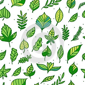 Seamless pattern Green leaf hand drawn texture isolated on white background. Eco surface design