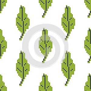 Seamless pattern with green leaf on a white background. Pixel art, vector illustration. Retro style game