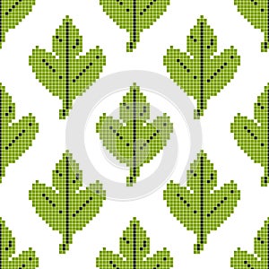 Seamless pattern with green leaf on a white background. Pixel art, vector illustration. Retro style game