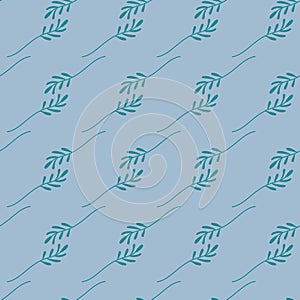 Seamless pattern of green leaves on a blue background. Vector file.