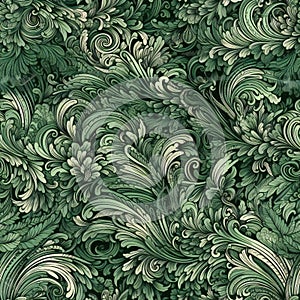 Seamless pattern with green leaves and curls on a green background