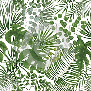 seamless pattern of green leaves. green tropical background in w