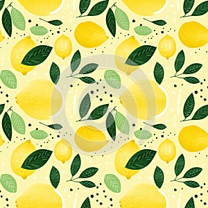 Seamless pattern with green leaves and lemons.