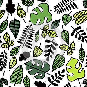 Seamless pattern. Green leaves of various plants isolated on white background.
