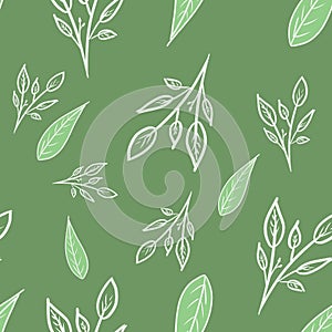 Seamless pattern with green leaves, white branches on green background. Botanical pattern. Spring, summer print. Packaging, wallpa