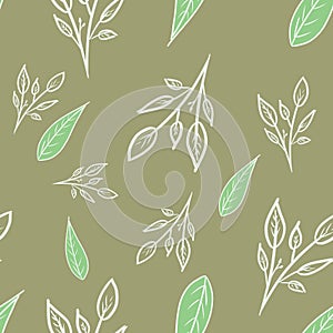 Seamless pattern with green leaves, white branches on olive green/brown background. Spring/summer pattern. Packaging, walpaper, te