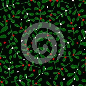 Seamless pattern with green mistletoe leaves and red berries. Christmas pattern.