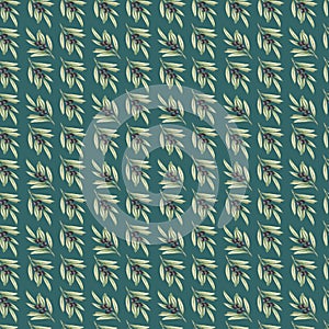 seamless pattern with green olive tree branches on a green background. Drawn by hand. For decoration wrapping paper, soap, olive