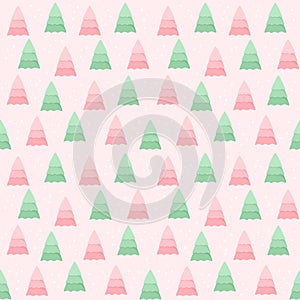 Seamless pattern with green and pink Christmas trees on a pastel pink background. Vector illustration