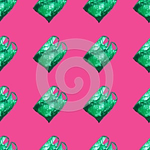 Seamless pattern of green plastic bag on pink background