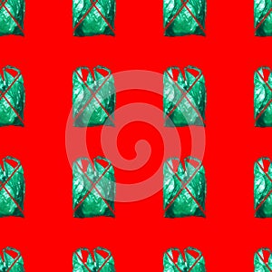 Seamless pattern of green plastic bag on red background