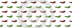 Seamless pattern of green and red pepper on white background. Paprika wallpaper, sweet pepper print pattern.