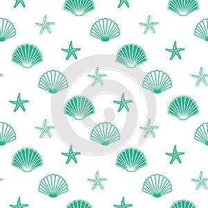 seamless pattern with green seashells - white vector background