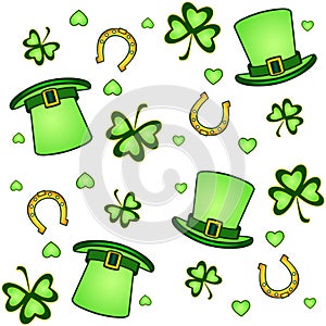 Seamless pattern in green shades for St. Patrick`s Day. Seamless pattern of hats, clovers, horseshoes Symbols of good