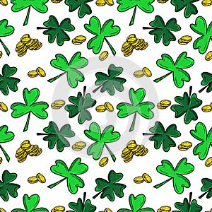 Seamless pattern with green shamrock clover leaves and golden coins money as a symbol of luck and wealth. Vector sketch