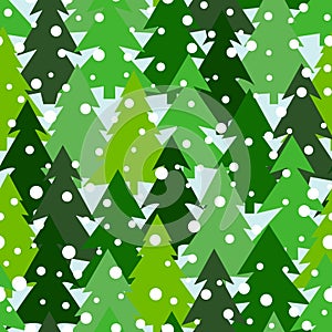 Seamless pattern with green silhouettes of fir-trees and pines. Winter forest background. Scrapbook digital paper