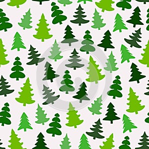 Seamless pattern with green silhouettes of fir-trees and pines. Winter forest background. Scrapbook digital paper